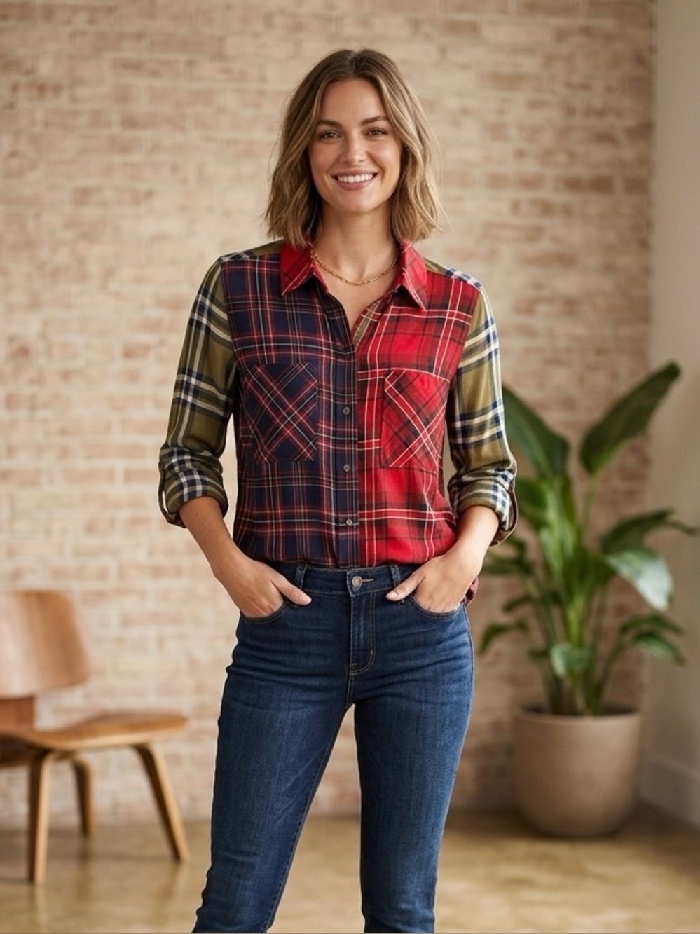 Tru Luxe Jeans Plaid Patchwork Button Down Shirt Blouse Size XS New Women